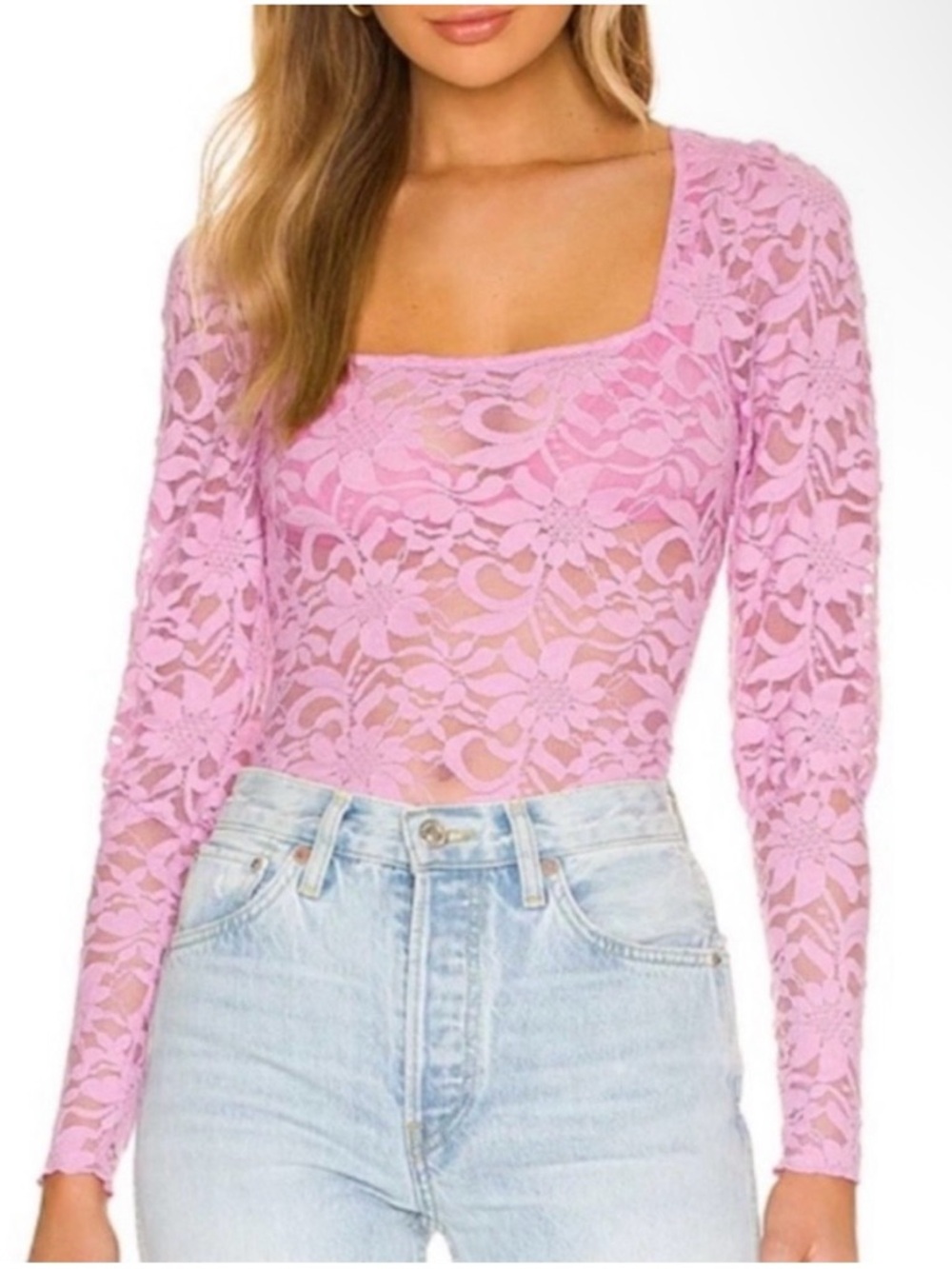 Revolve X Free People Long Distance Layering Long Sleeve
Sheer Lace Top Pink M